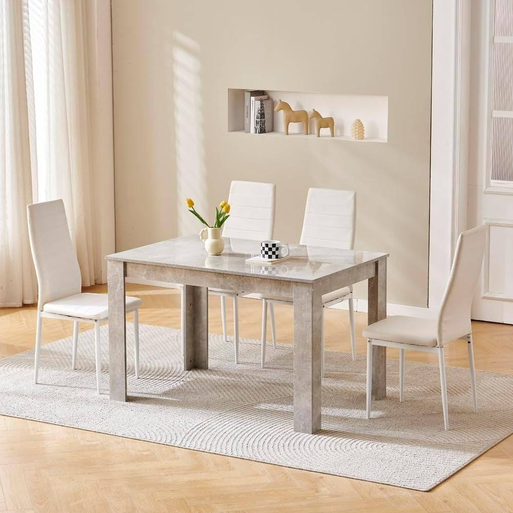Luxury Dining Set 120cm Grey Marble Table + 4 White Leather Chairs
