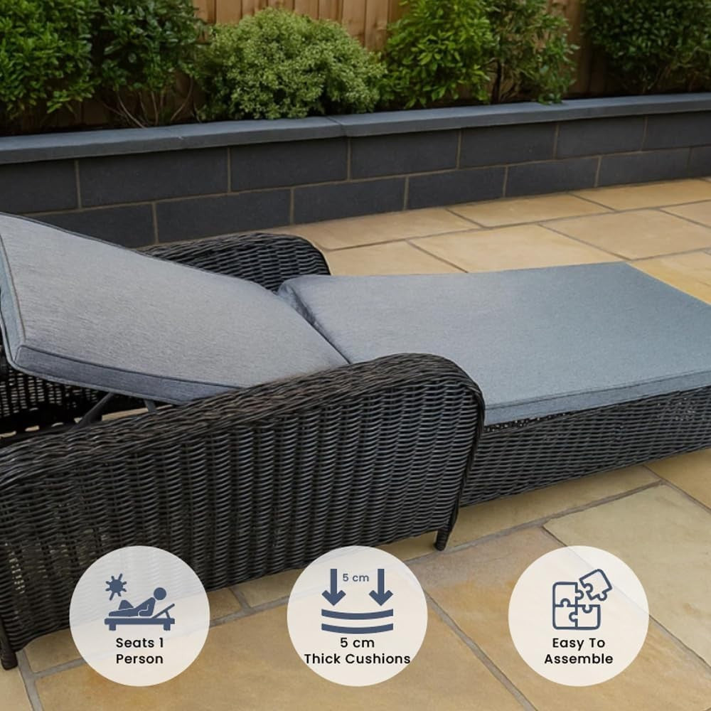 Luxury Outdoor Rattan Sun Lounger with 5cm Cushions, 4 Reclining Positions