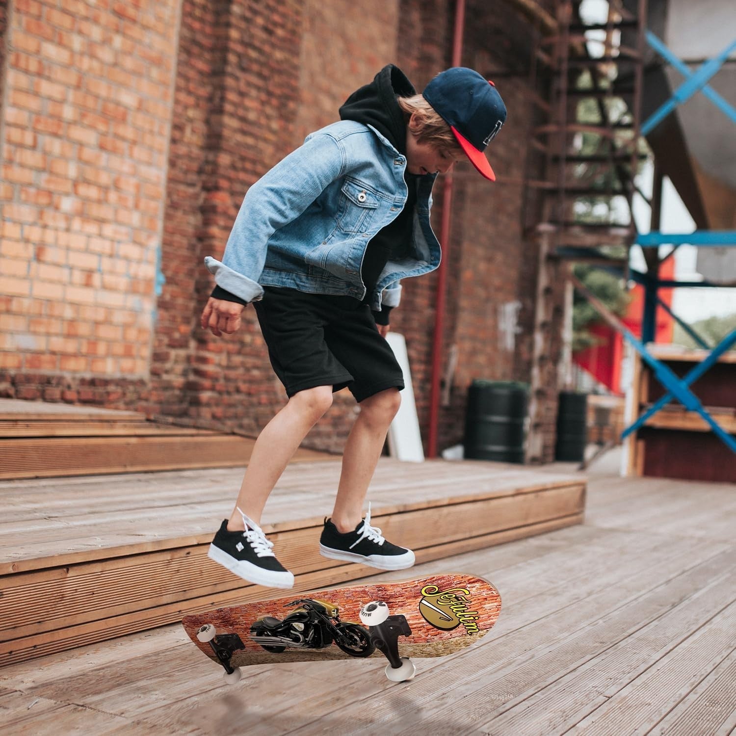31" Complete Skateboard Maple Double Kick Trick Board Motorcycle Design Teens