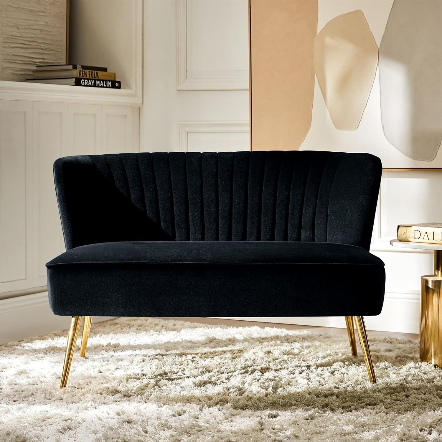 Black Velvet 2 Seater Sofa Armless Loveseat Gold Legs for Lounge or Flat
