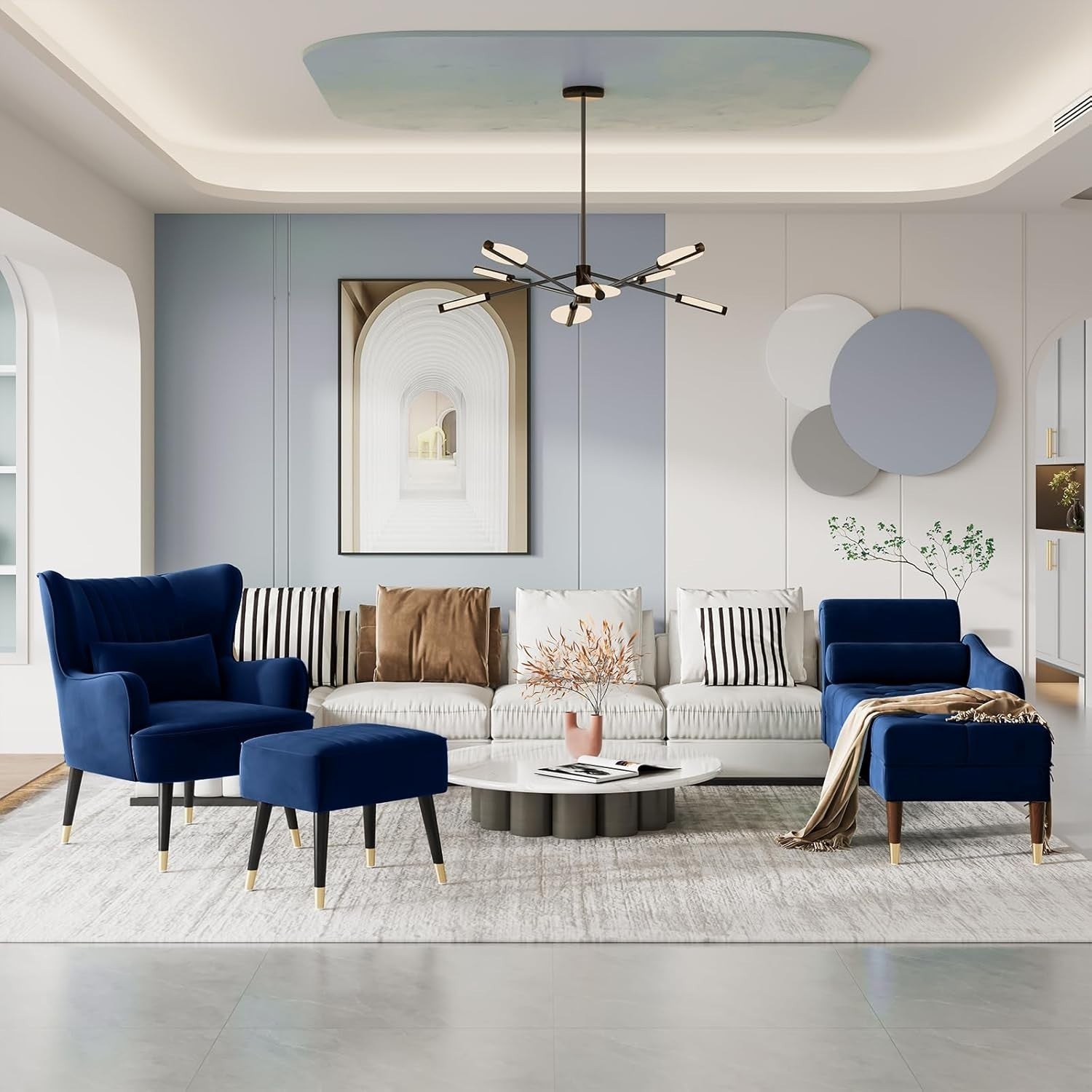 Velvet Armchair with Ottoman & Lumbar Pillow | Modern Lounge Chair Set