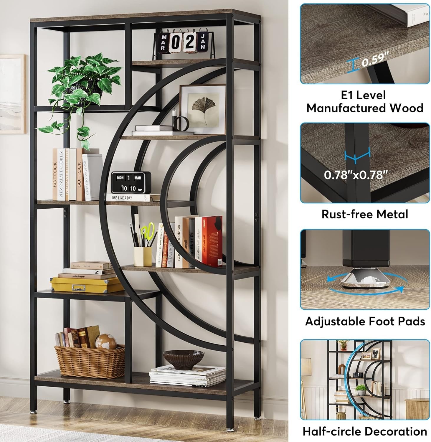 Geometric Industrial Bookshelf Set | 178cm Tall 8-Tier Open Display Shelves (2 P