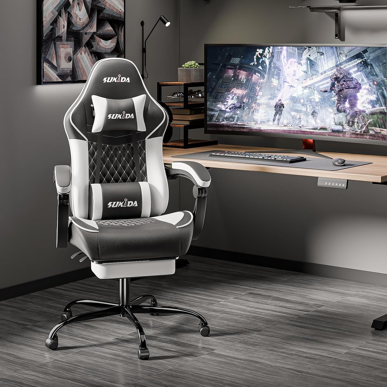 Ergonomic Gaming Chair with Footrest & Massage Support – Black White PC Seat