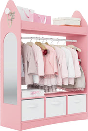 Kids Wardrobe with Mirror, 3 Drawers & Hanging Rail, Pink Rocket Design