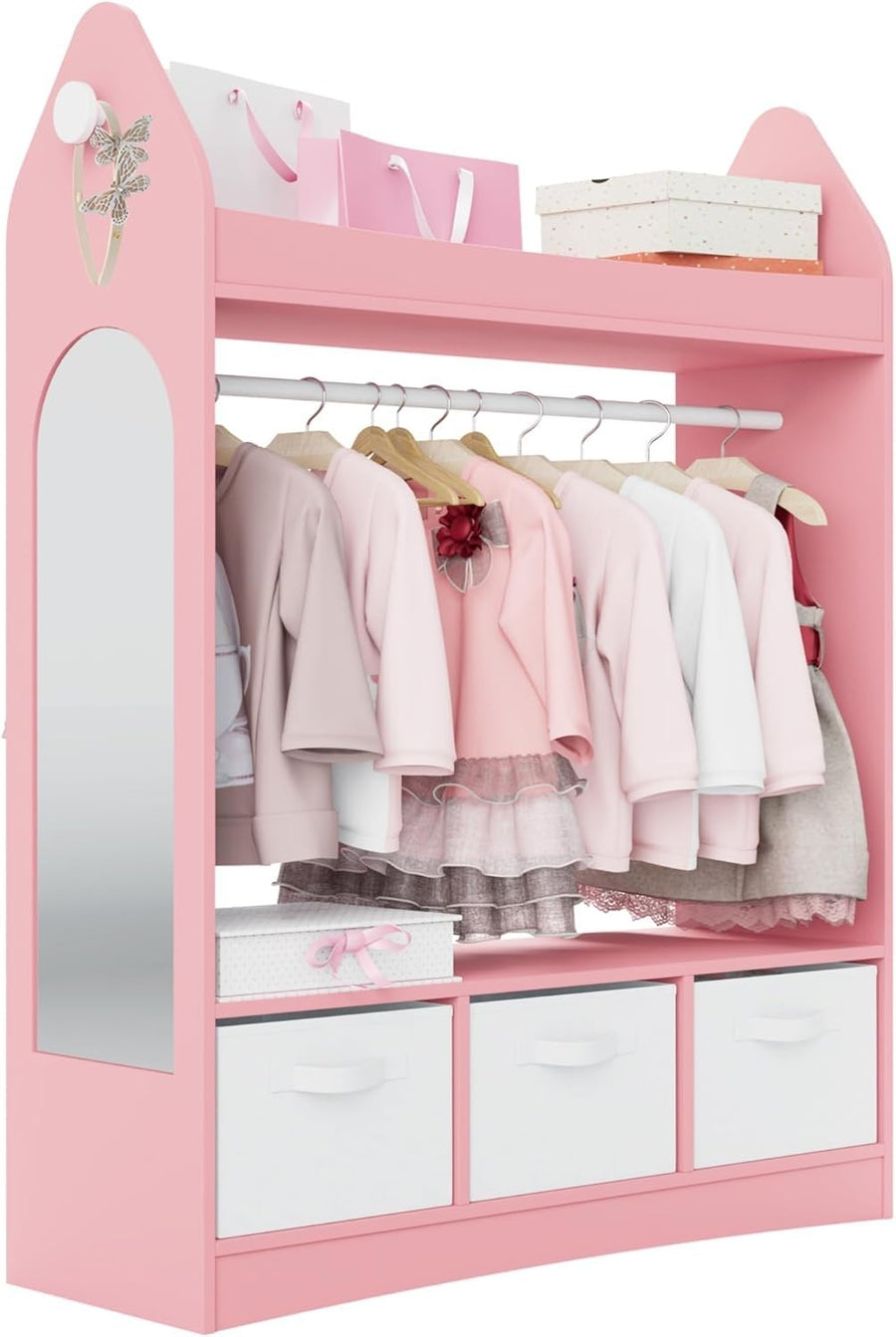 Kids Wardrobe with Mirror, 3 Drawers & Hanging Rail, Pink Rocket Design