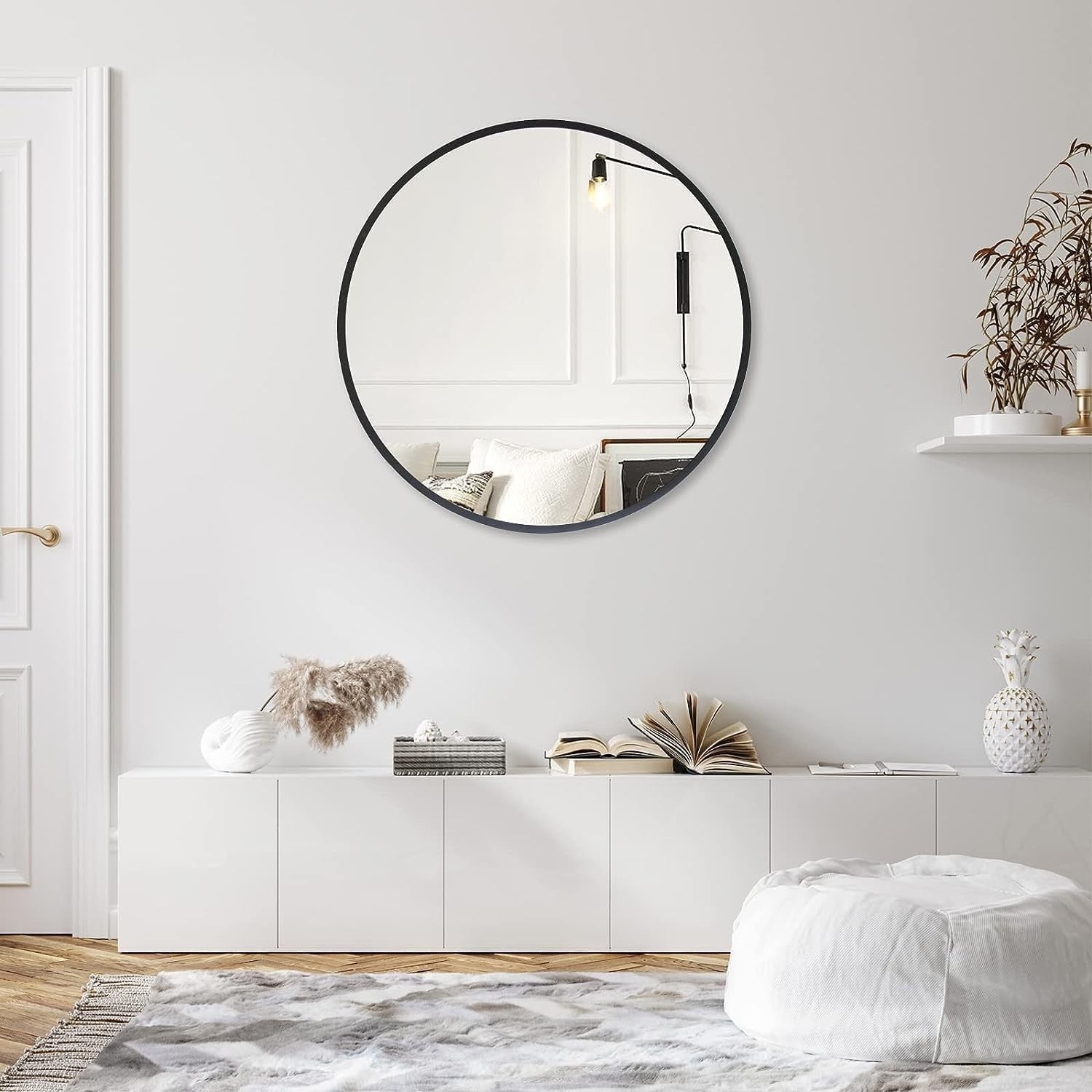 Round Wall Mirror 80cm Black Frame Bathroom Vanity Living Room Modern