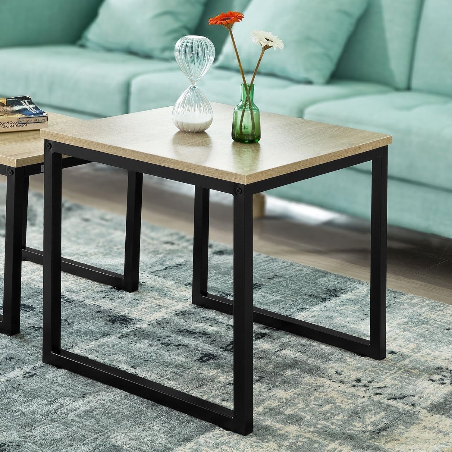 2pc Nested End Tables Natural Wood & Black Metal Frame Coffee Side Lamp Set