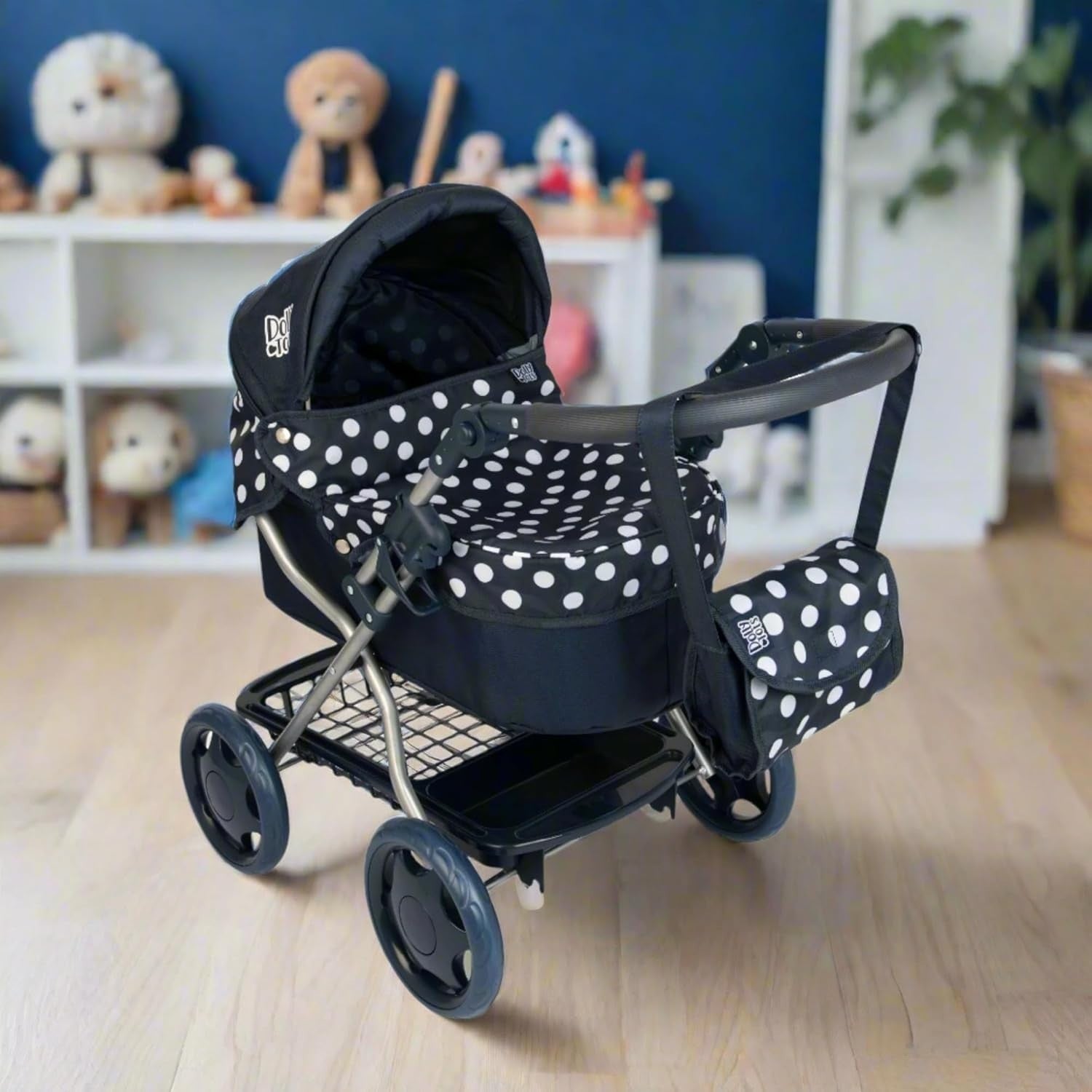 Cherish Dolls Pram Navy & White Foldable Stroller Adjustable Handle 3+