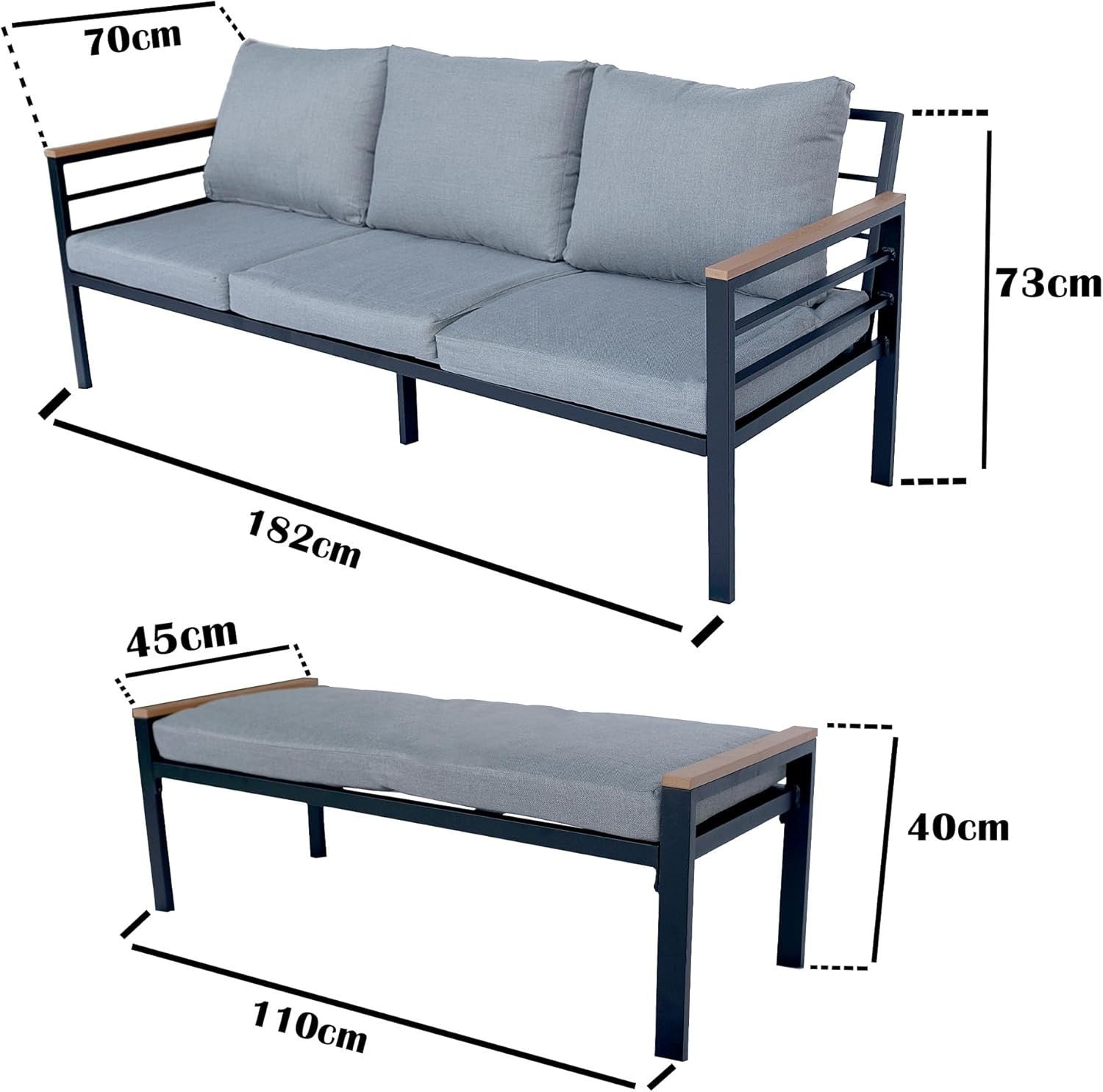 6 Seat Garden Furniture Set Black Aluminium Grey Cushions Dining Patio