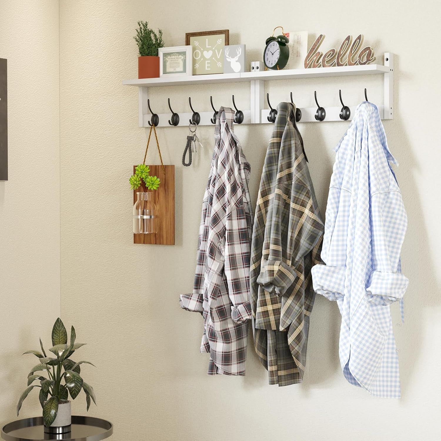 Wooden Wall Coat Rack with Shelf 87cm | 10 Hooks for Coats Hats Bags Keys