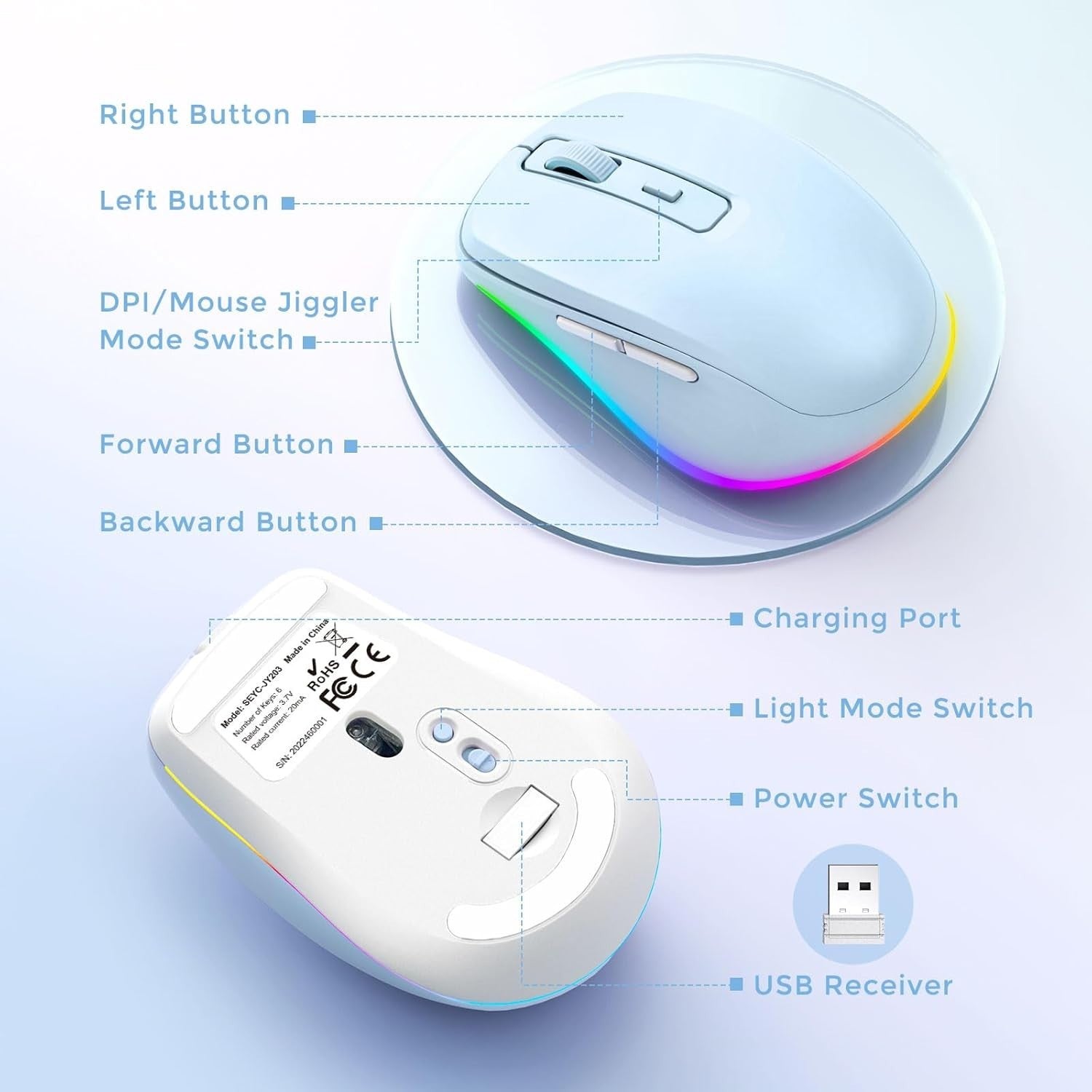 Light Blue RGB Wireless Mouse Rechargeable Silent USB Jiggler