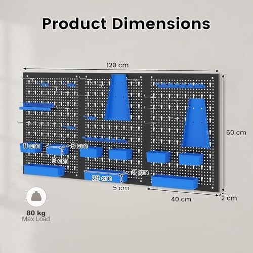 Customizable Wall-Mount Pegboard Kit 3PCS 120x60cm Alloy Steel 34 Hooks