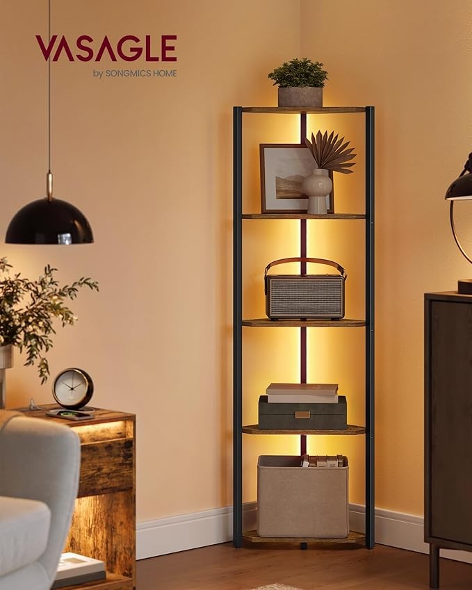 5-Tier LED Corner Shelf Unit Rustic Brown | Slim Space-Saving Display Bookcase