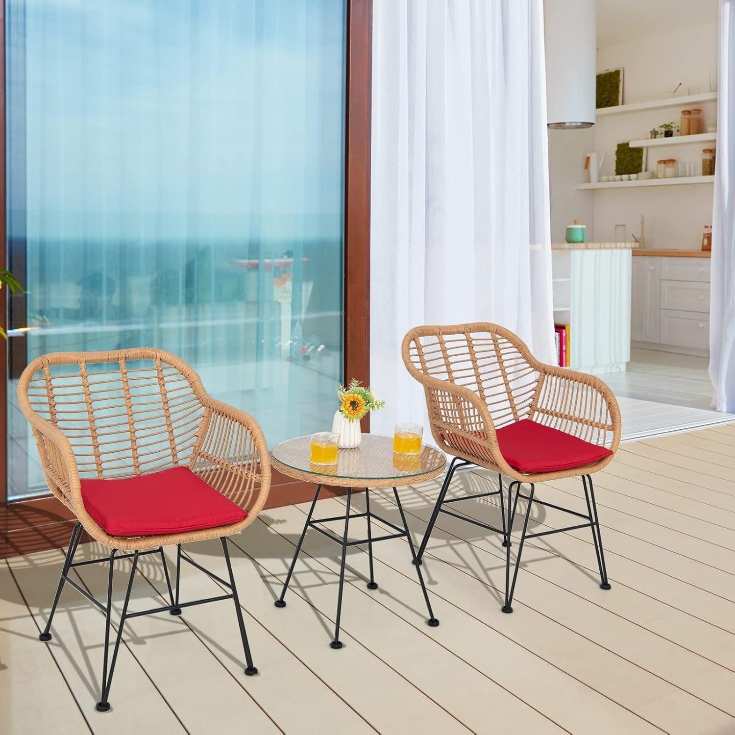 3 Piece Rattan Bistro Set Outdoor Patio Chairs with Glass Table & Cushions