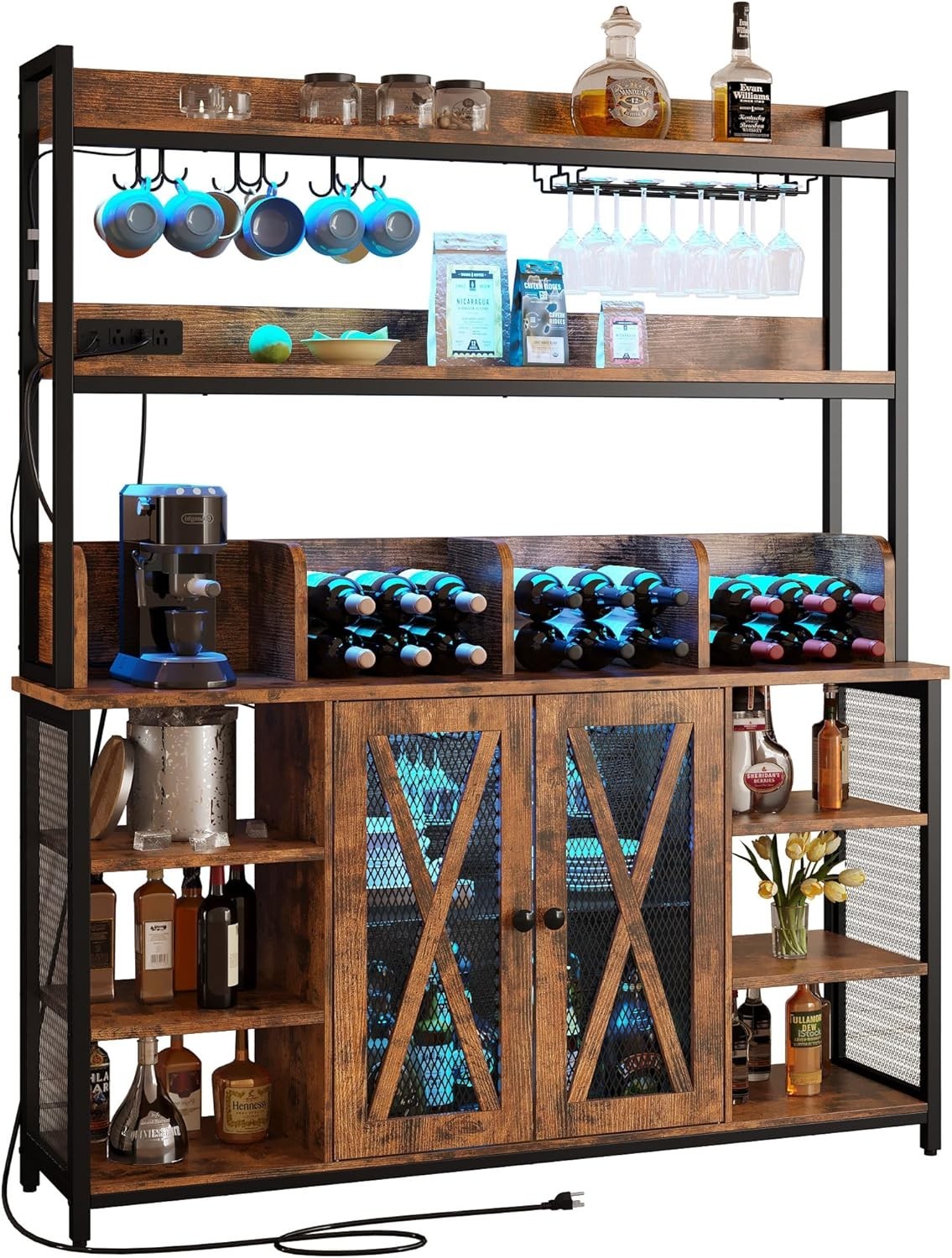 Industrial Bar Cabinet with LED Lights & Glass Rack, Large Buffet Storage Unit
