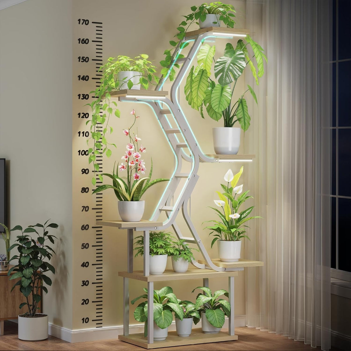 7 Tier White Metal Plant Stand with Grow Lights Indoor Outdoor Flower Shelf