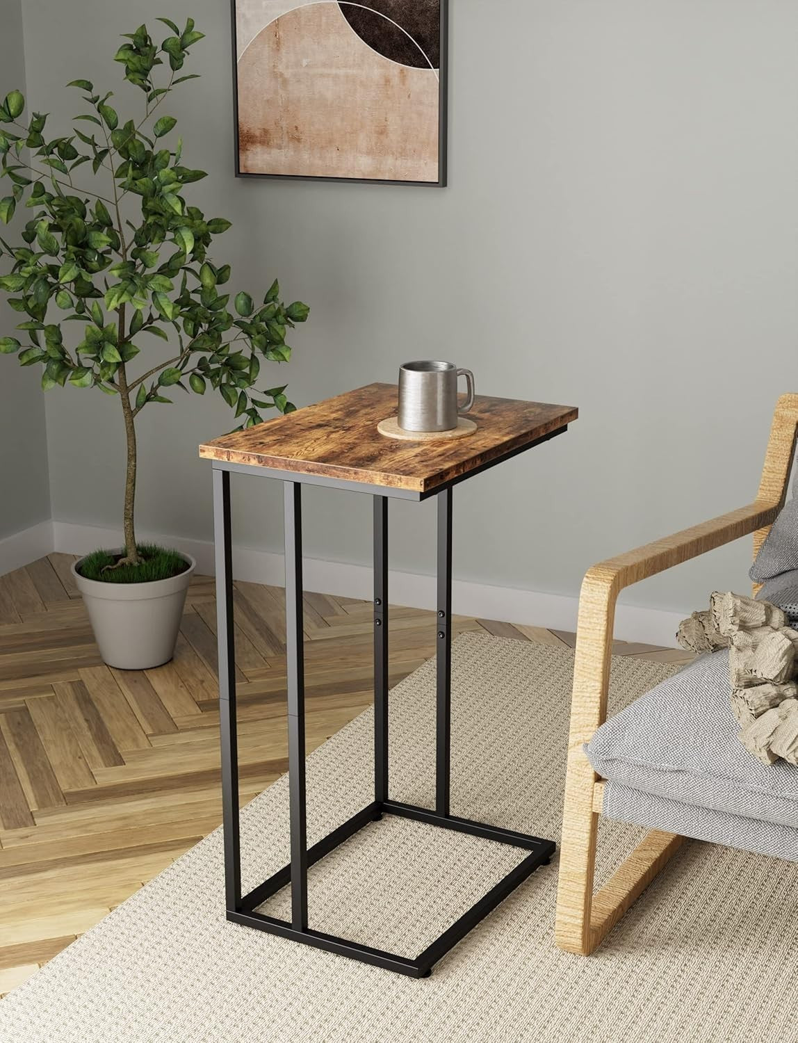 Slim Rustic Brown C Shaped End Table Sofa Couch Bed TV Tray Laptop Stand..