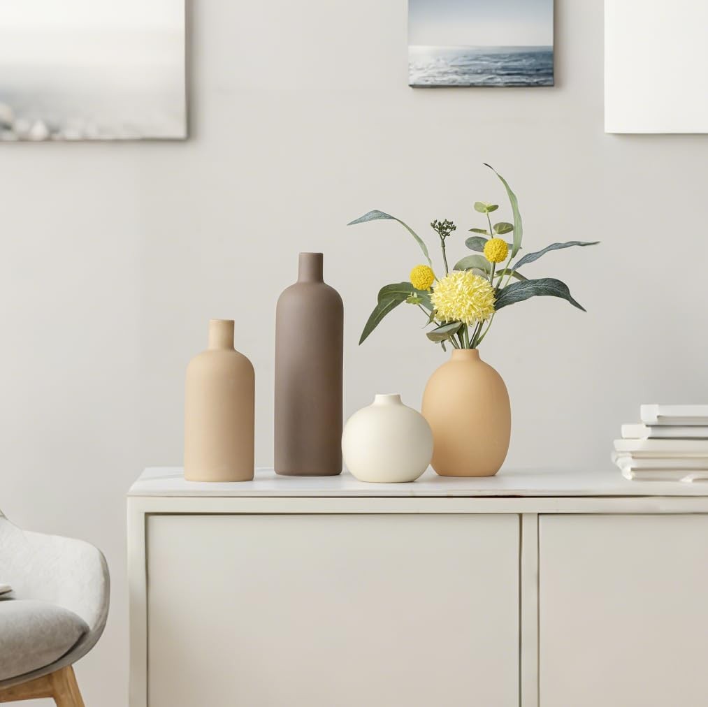 Modern Ceramic Vase Set 4 Neutral Coffee Tones Minimalist Home Decor