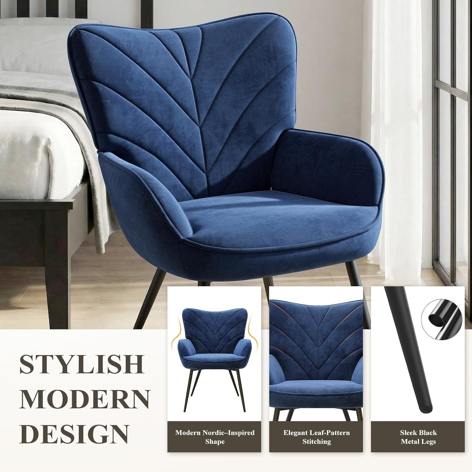 Blue Velvet Accent Chair Armchair Black Metal Legs Wide Seat