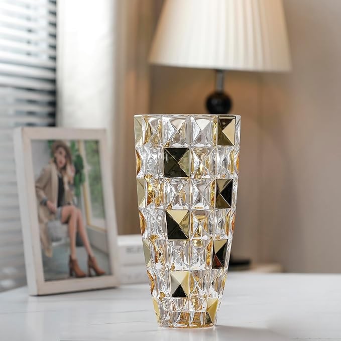 Gold Diamond Glass Vase Luxury Tall Crystal Style Flower Vase Home Decor