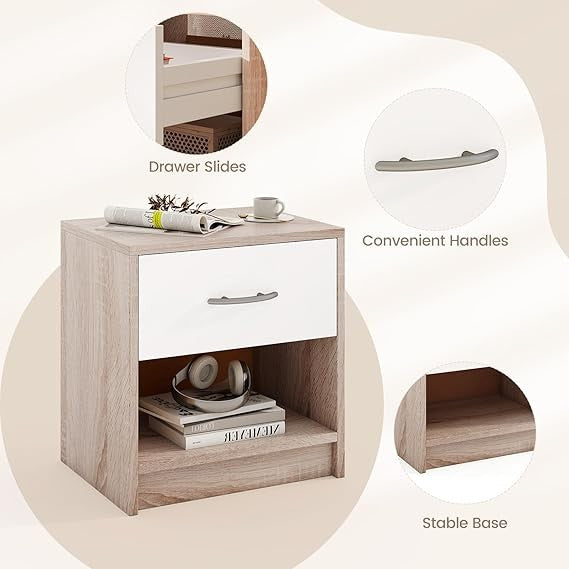 Modern Wooden Bedside Table with Drawer & Open Shelf, Small Nightstand