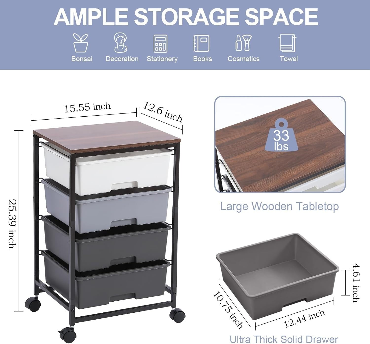 4 Drawer Mobile Storage Cart Utility Organizer Trolley w/ Wooden Top