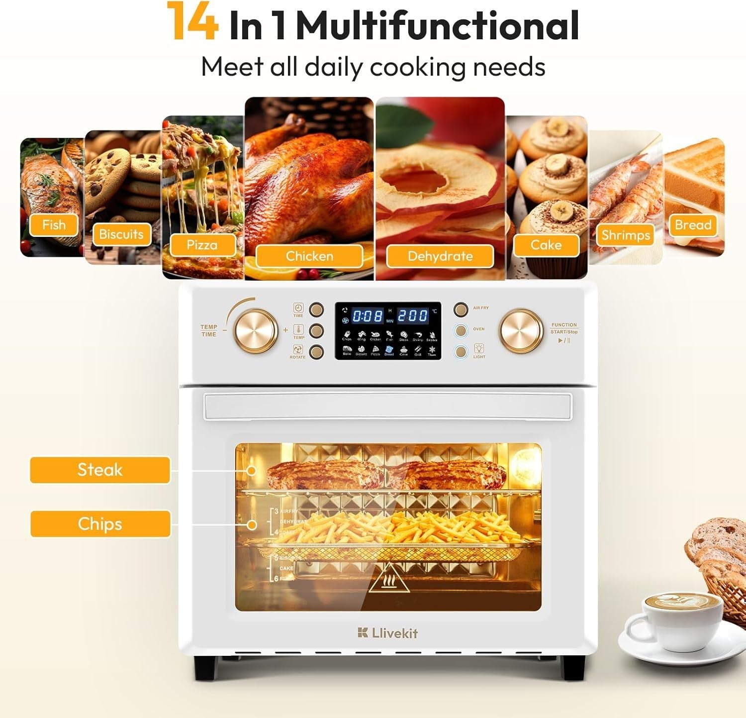 26L Air Fryer Oven 14 Programs 1700W 360 Hot Air Window Light 7 Accessories