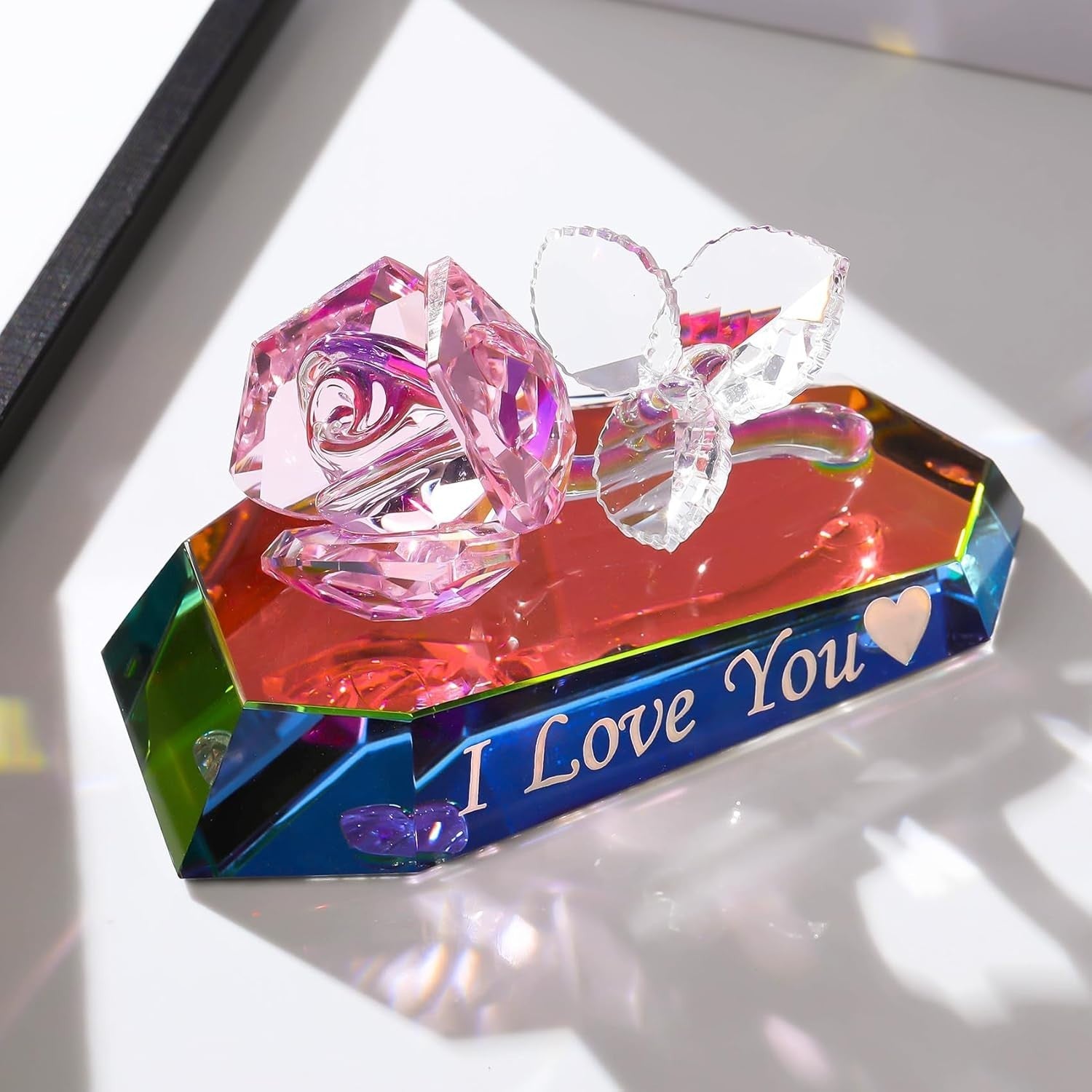 Romantic Crystal Rose Ornament “I Love You” – Multicolour Glass Gift for Her