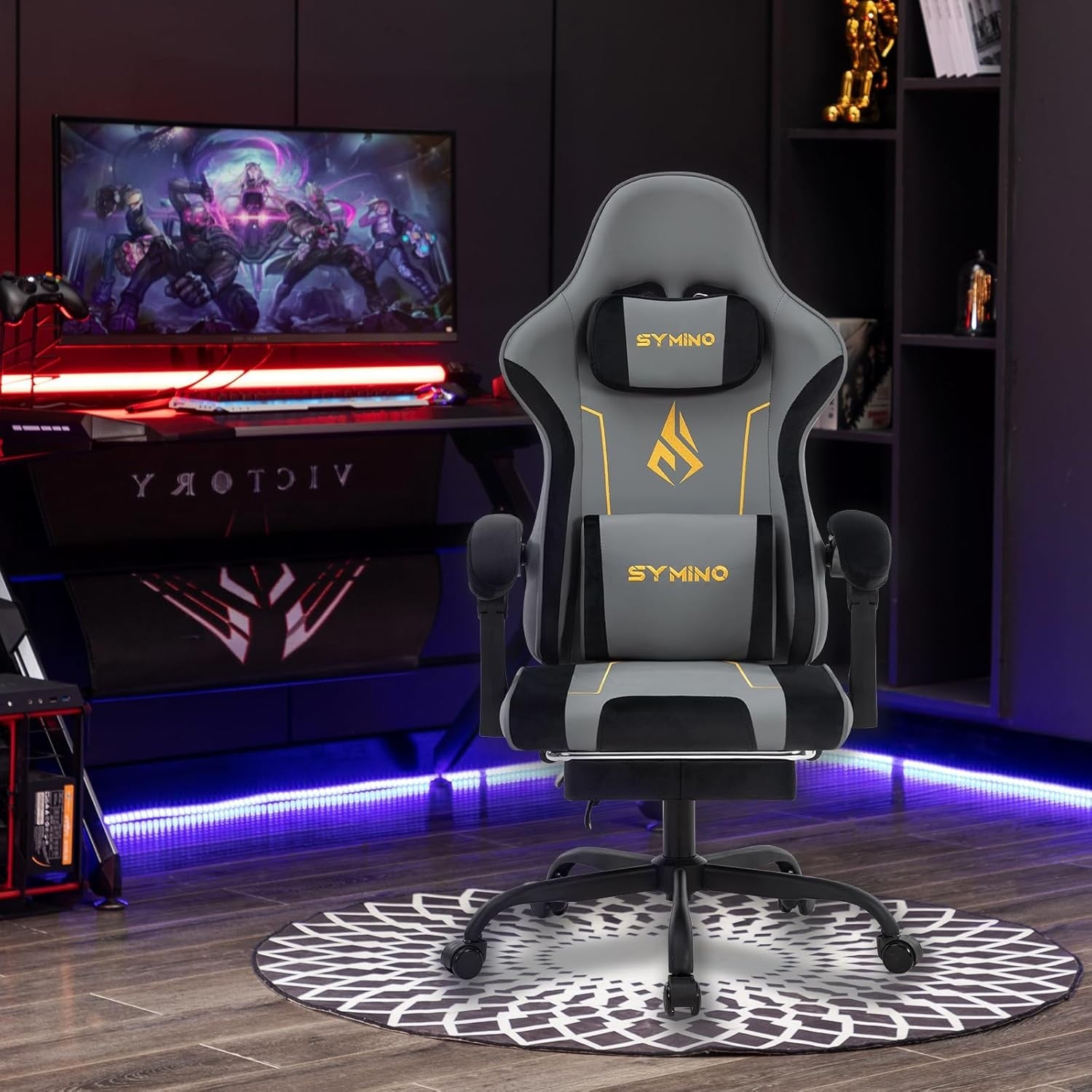Ergonomic Gaming Chair Recliner Footrest Lumbar PU Leather Grey