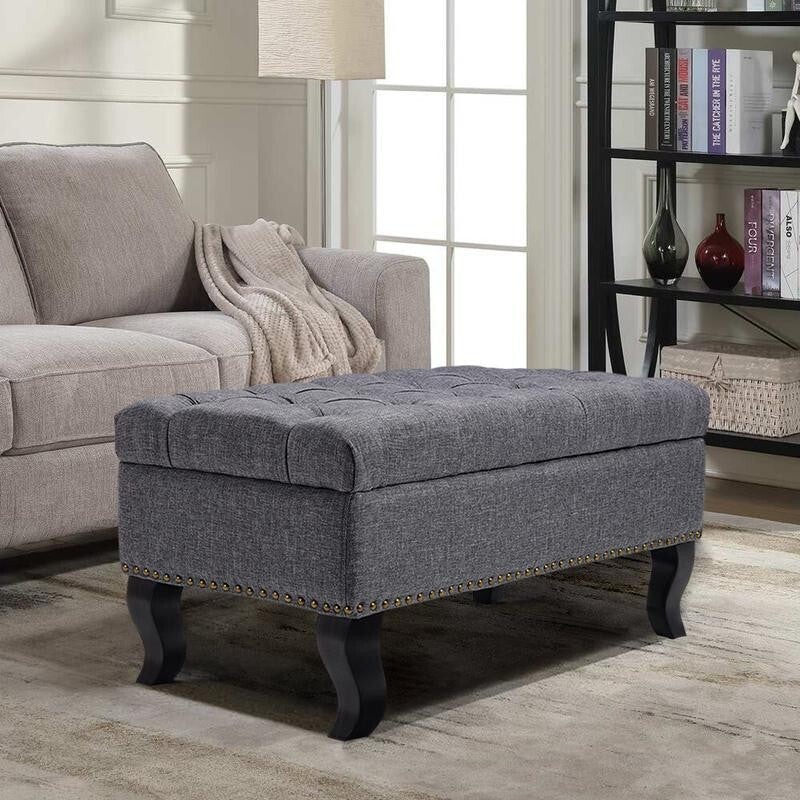 Grey Linen Ottoman Bench 2-Seater Tufted Entryway Seat with Storage