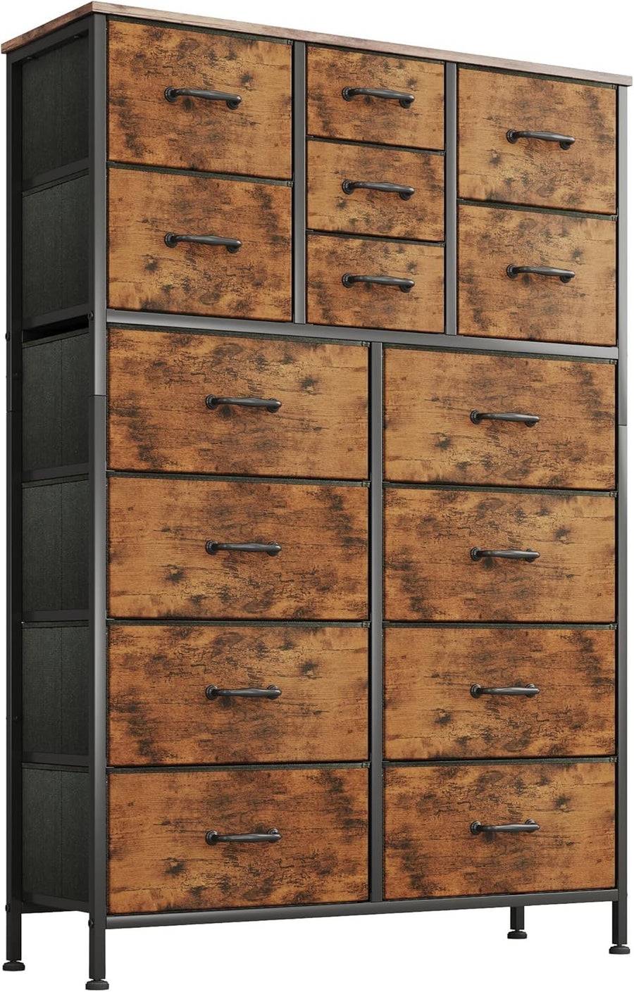 15 Drawer Fabric Chest Dresser Wood Top Tall Storage Unit Rustic Brown