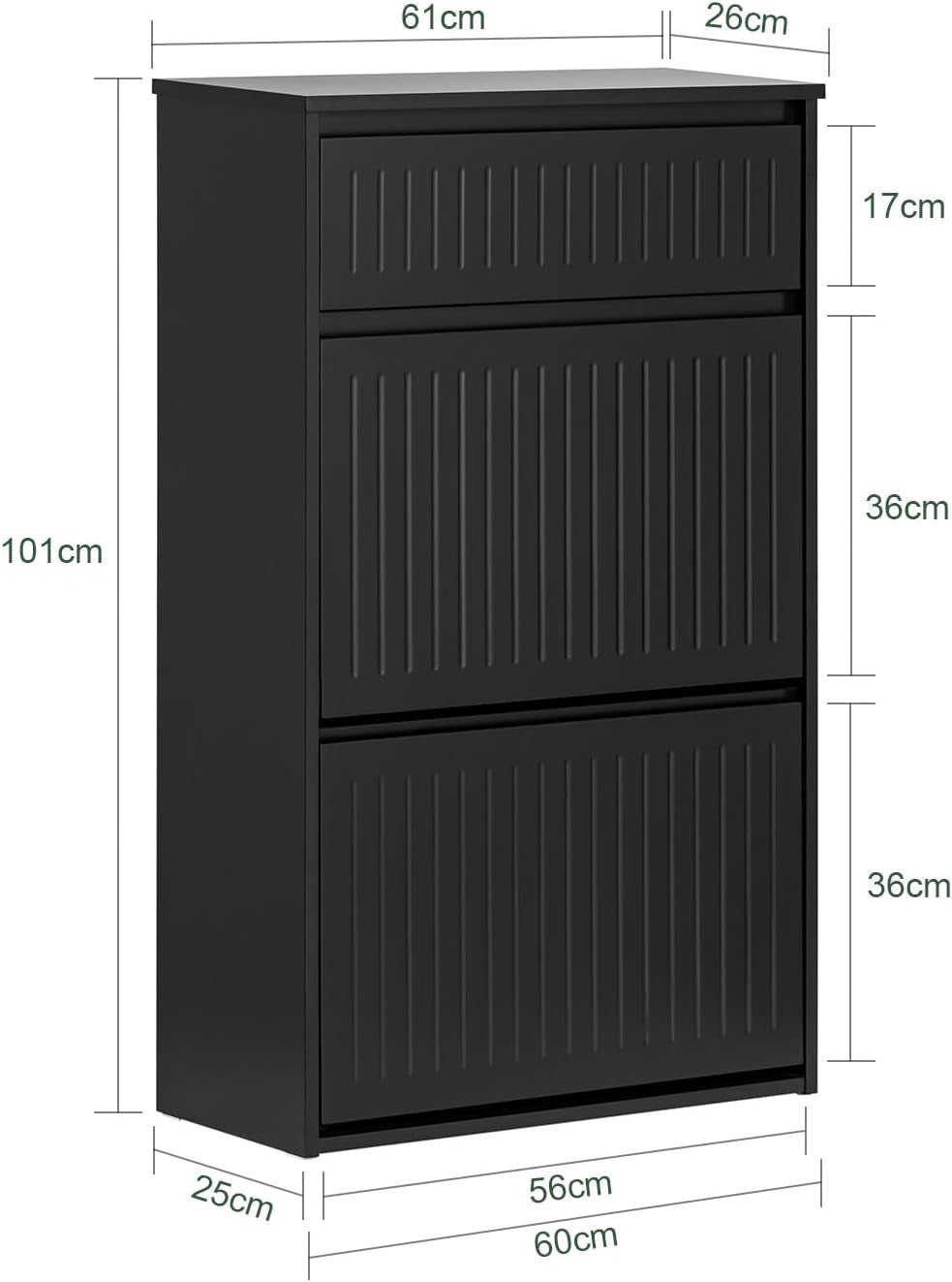 Slim Black Shoe Storage Cabinet 2 Flip + 1 Pull-Out Drawer, Space Saver