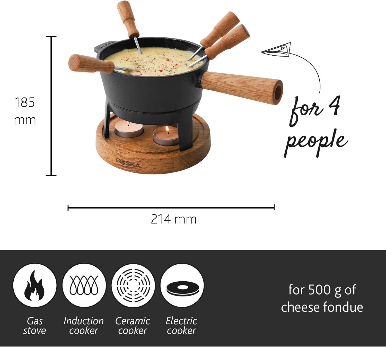 Cast Iron Cheese Fondue Set 700ml Tealight Pot 4 Forks Oak Base