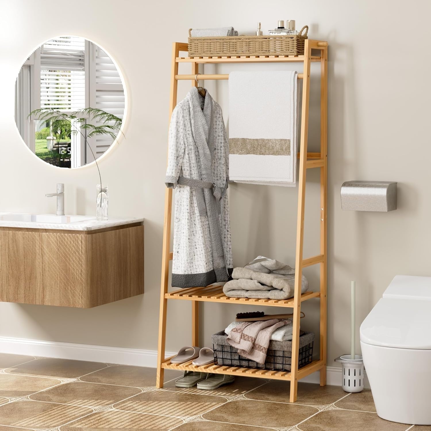 Bamboo Clothes Rack with Shelves & Hooks, Open Wardrobe Storage Stand