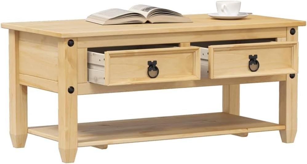 Solid Pine Coffee Table with Storage Drawers & Shelf | Rustic Wood 100x48x45cm