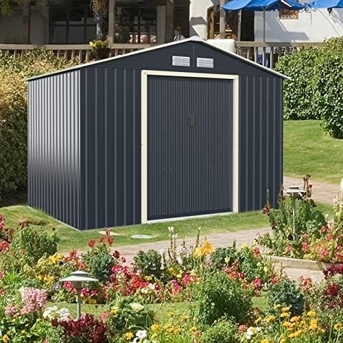 Metal Garden Storage Shed 9x6ft Waterproof Outdoor Tool Shed, Sliding Doors Grey