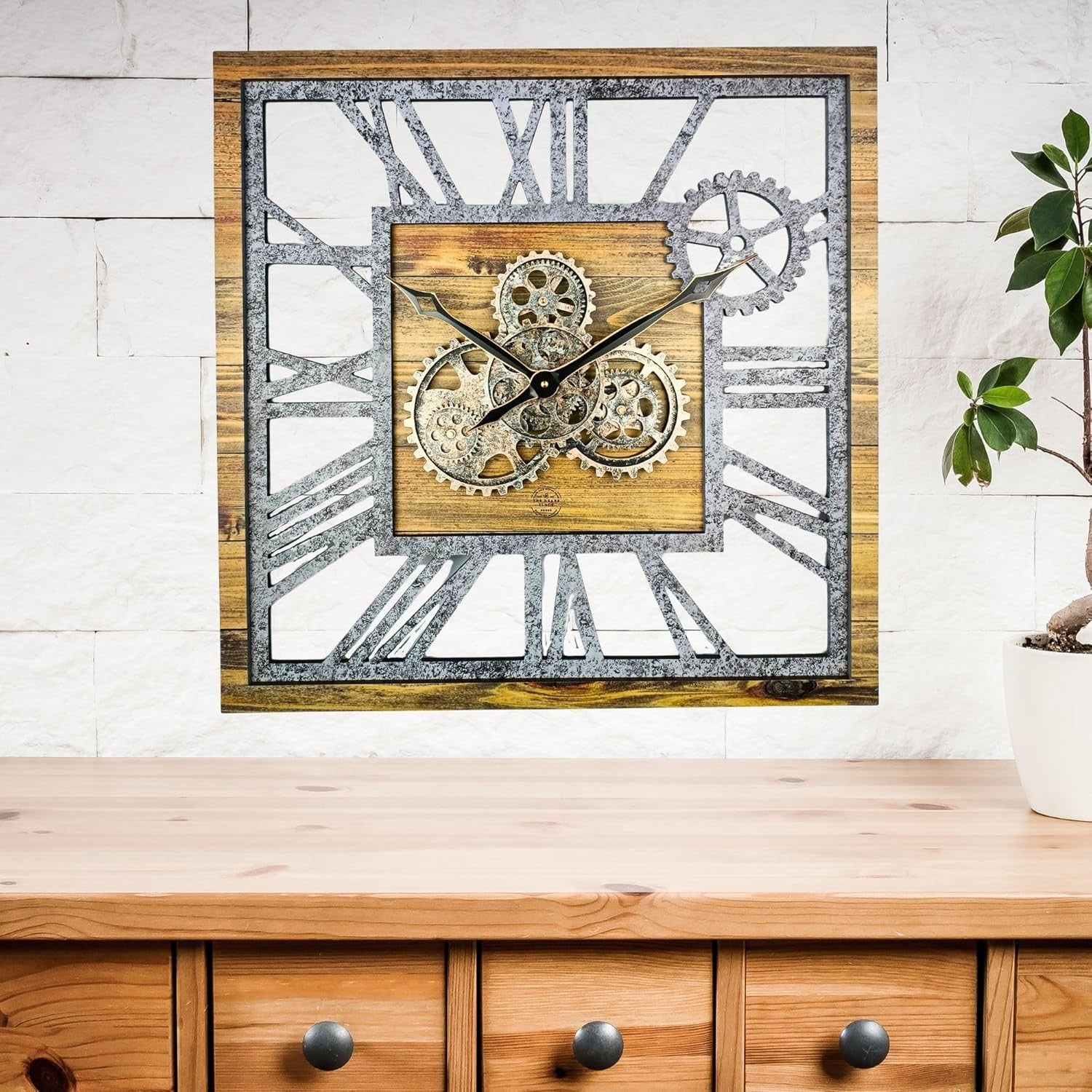 Oversized 24" Gear Wall Clock Square Wood & Stone Rustic Industrial Decor