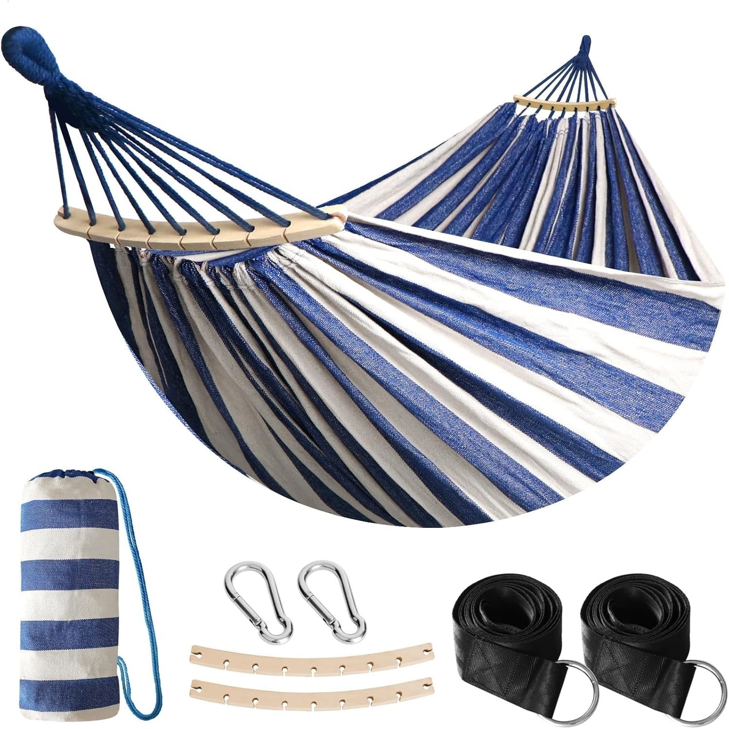 Outdoor Cotton Hammock with Spreader Bars & Tree Straps – Portable - Blue/White
