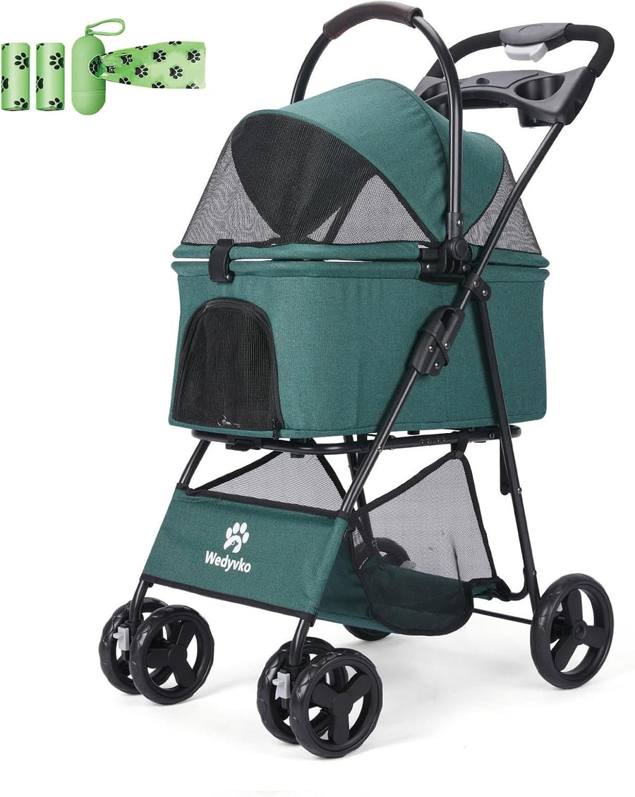 2 in 1 Dog Stroller Detachable Basket Folding Pet Pushchair Dark Green