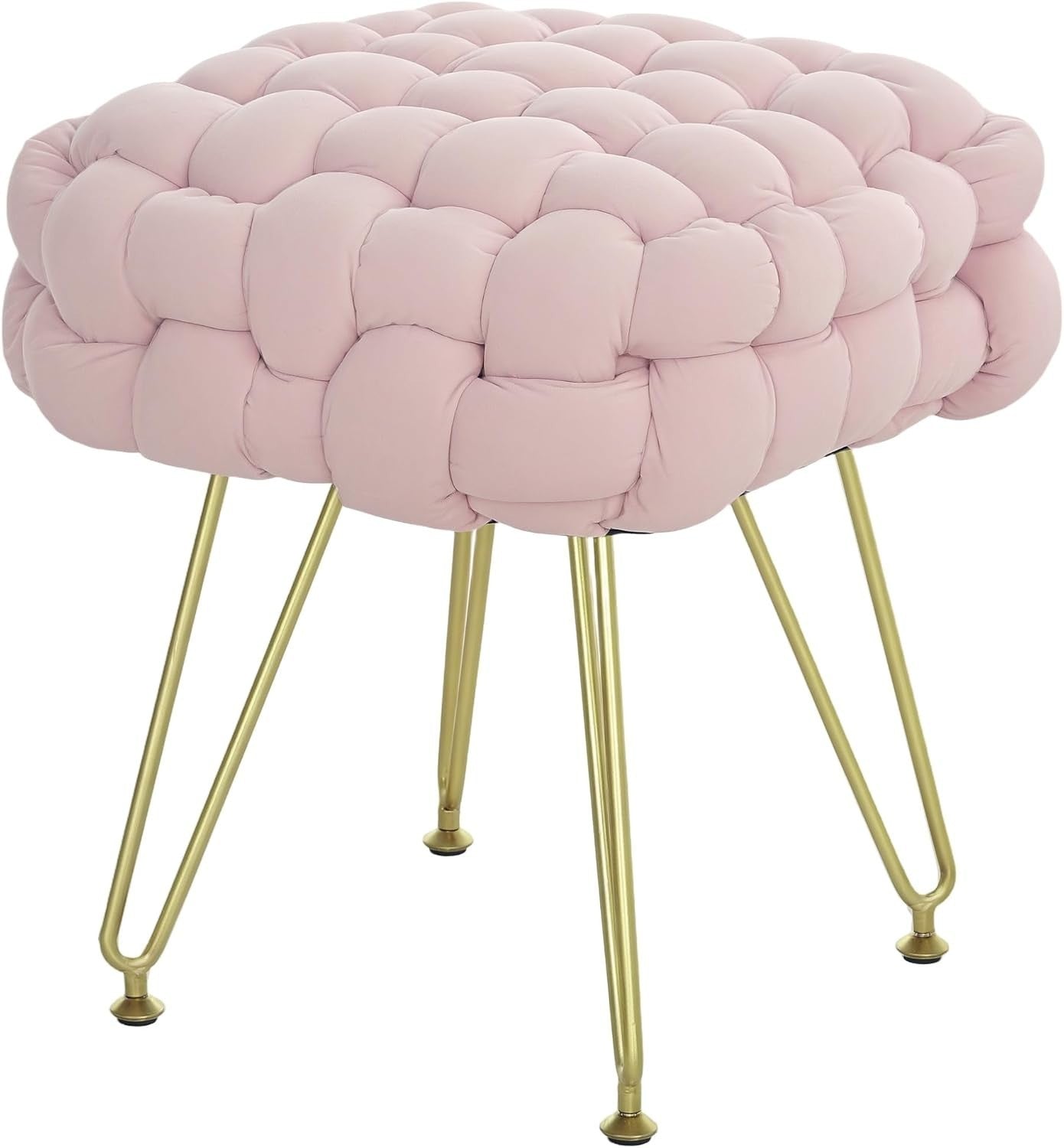 Pink Square Footstool Woven Velvet Ottoman Metal Leg Vanity Makeup Seat