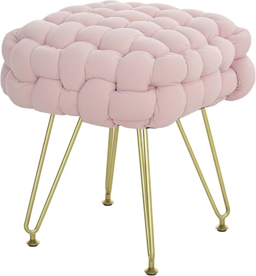 Pink Square Footstool Woven Velvet Ottoman Metal Leg Vanity Makeup Seat