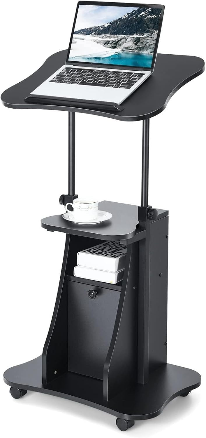 Height Adjustable Overbed Laptop Table with Storage Cabinet Wheels Black