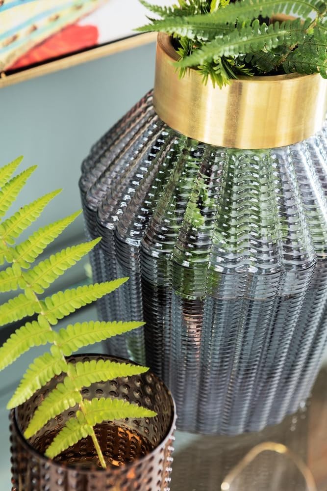 Grey Glass Flower Vase Gold Brass Neck Modern Table Decor Luxury Bottle 30cm