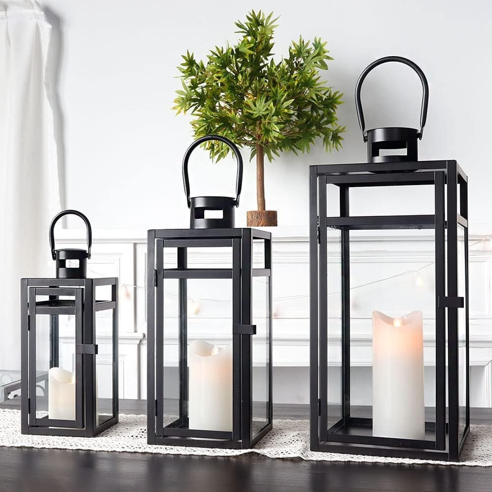 3 Pack Metal Candle Lanterns Indoor Outdoor Matte Black