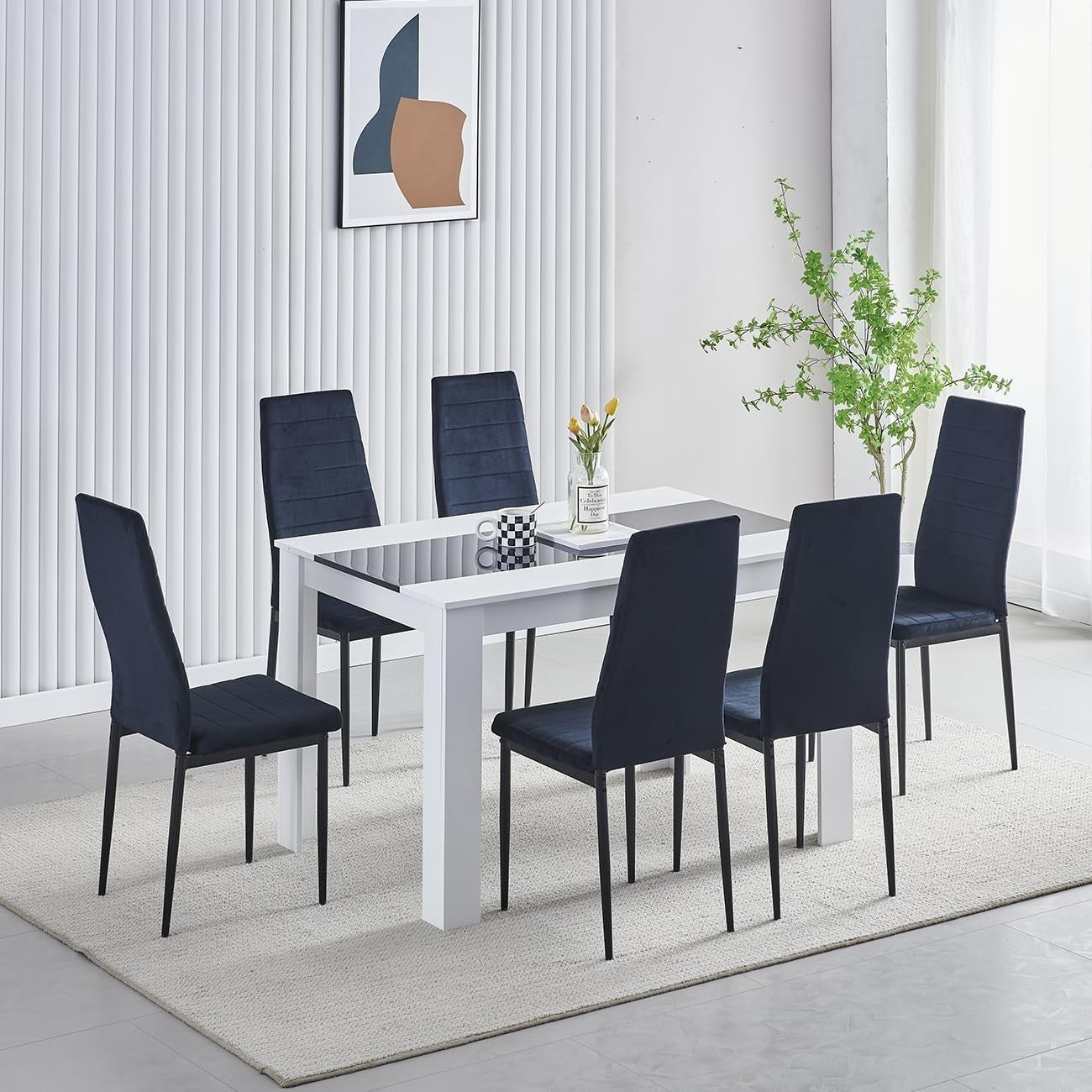 White 4-Seater Dining Table Set with Black Velvet Chairs | Compact & Stylish