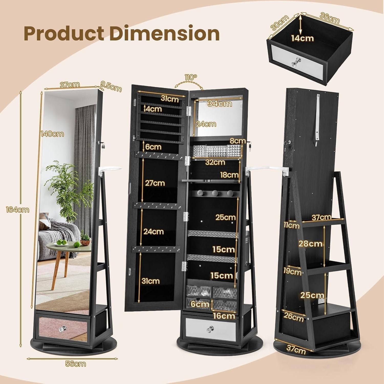 Black 360° Swivel LED Jewelry Cabinet Mirror Lockable Storage with Shelves