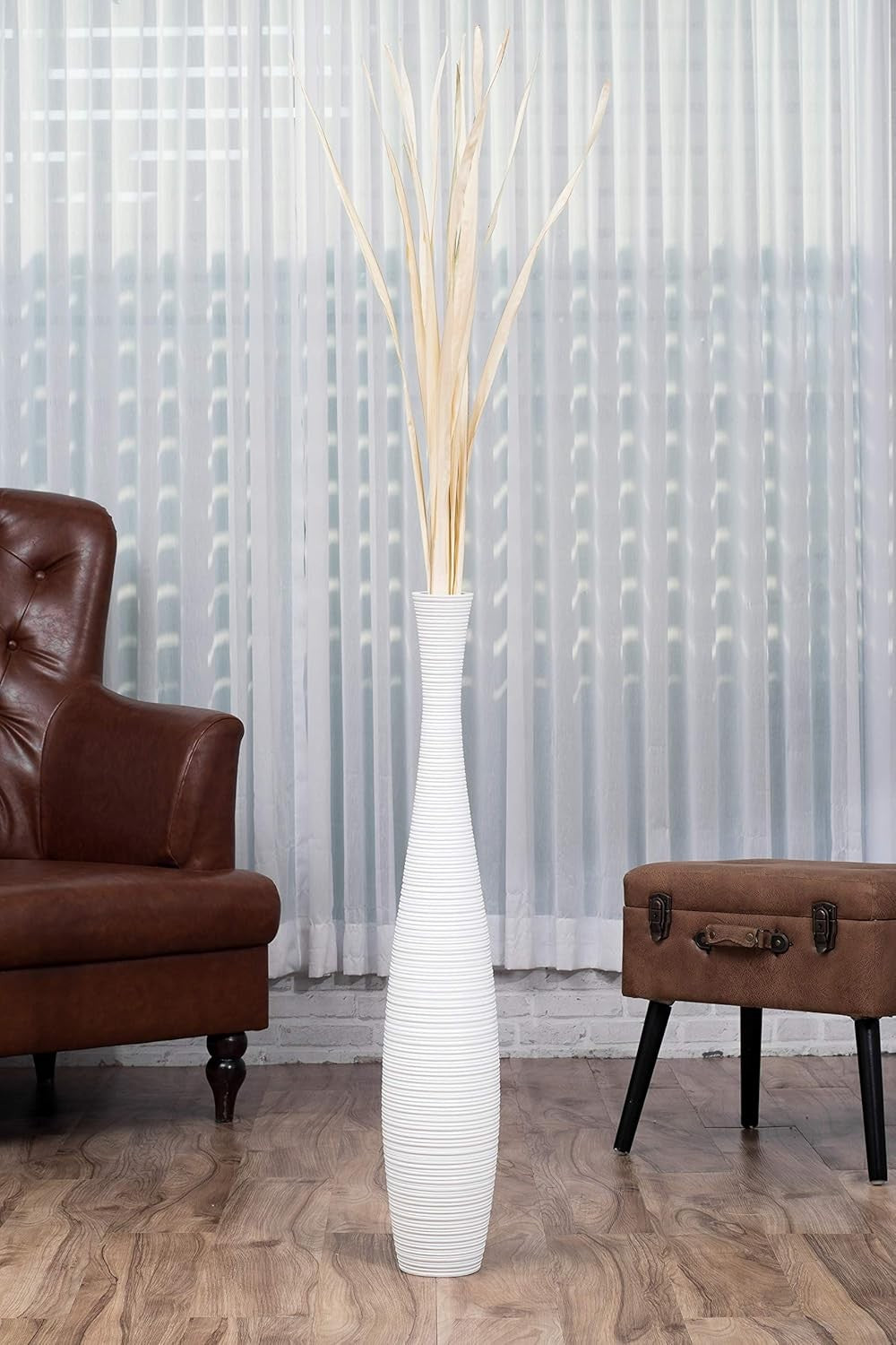 Large White Floor Vase 85cm Tall Wooden Decor for Pampas Grass