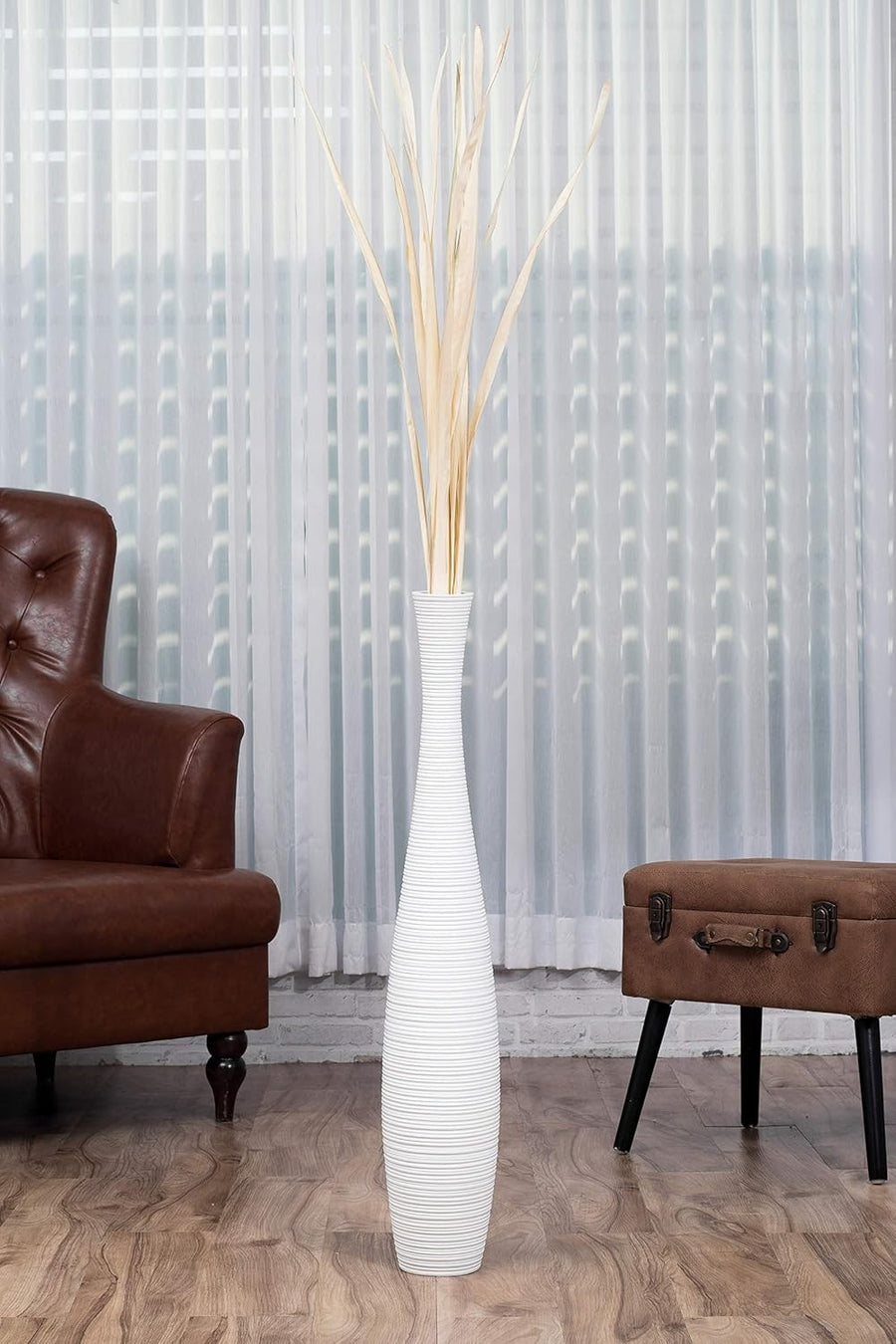Large White Floor Vase 85cm Tall Wooden Decor for Pampas Grass