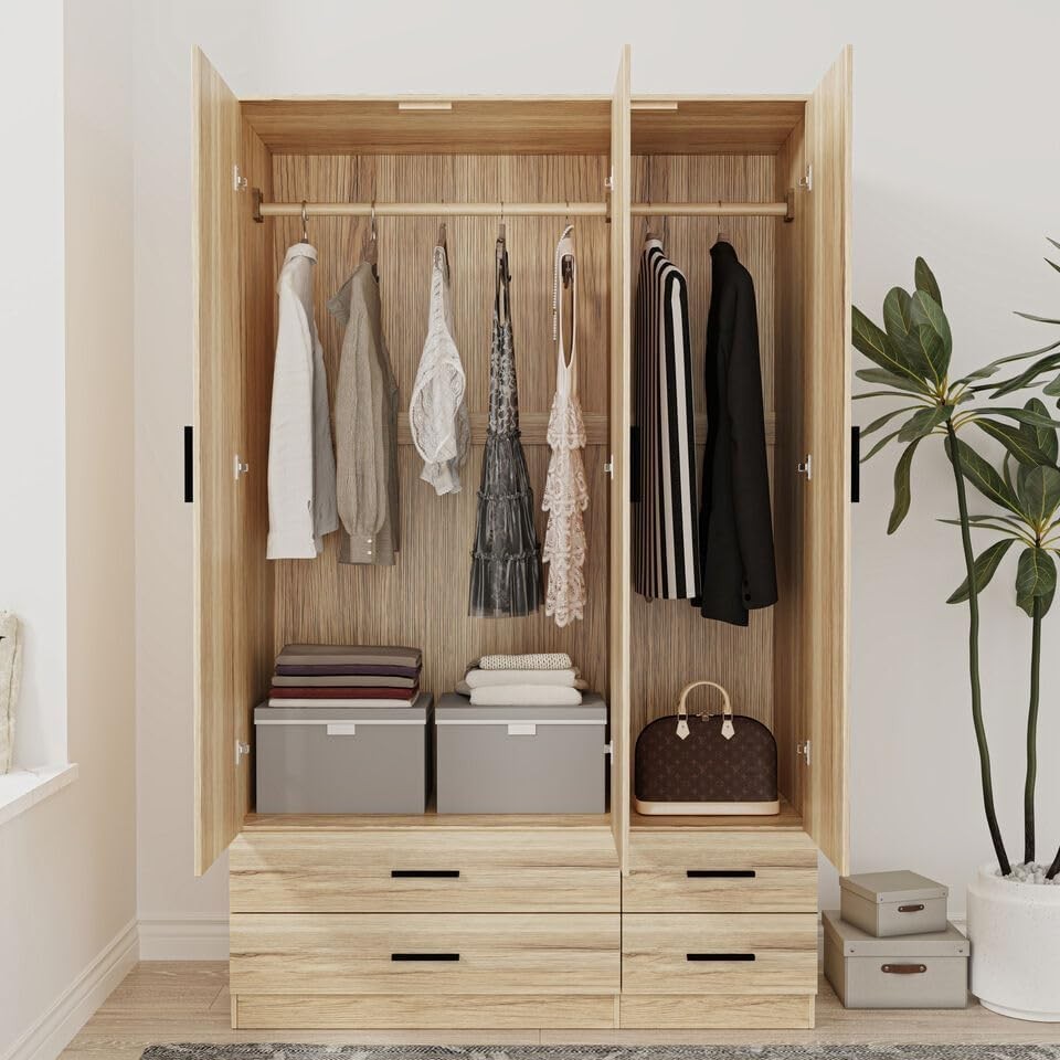Oak 3 Door Wardrobe 4 Drawer Bedroom Storage Unit Hanging Rail Modern Style