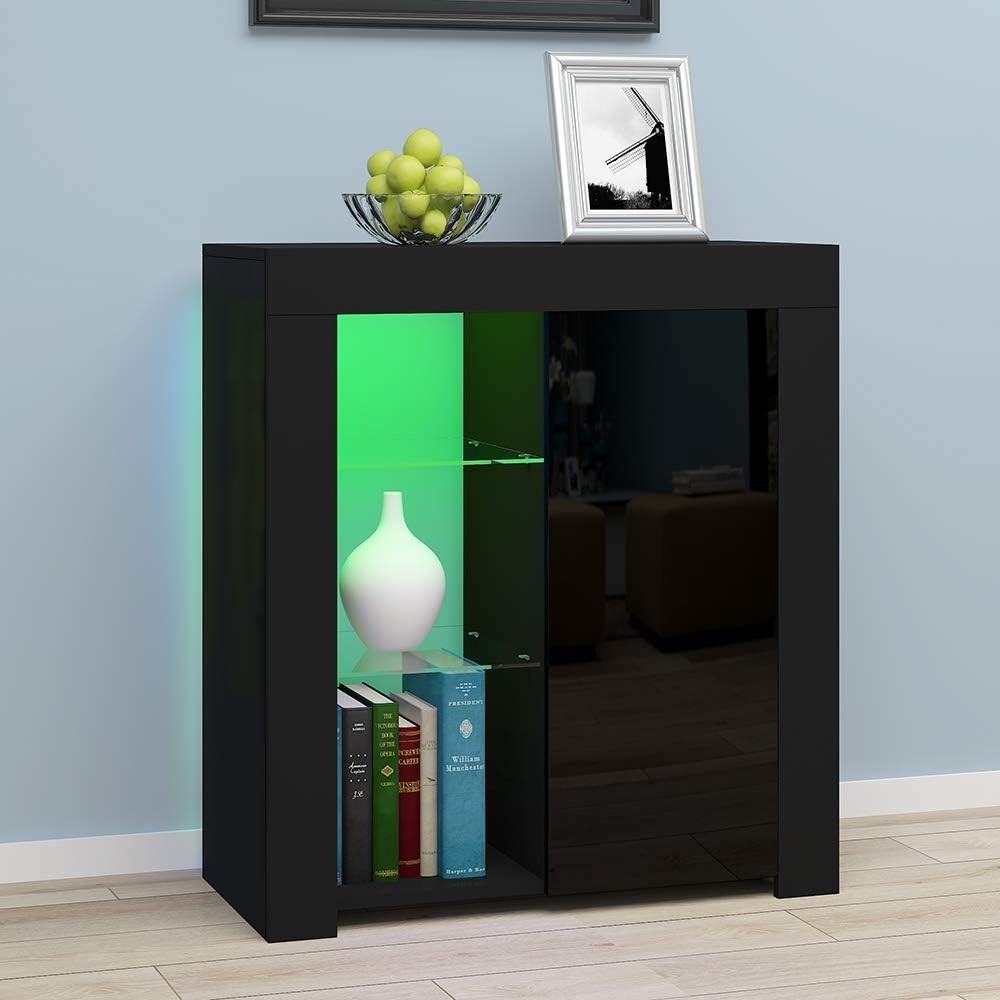 Modern Black LED Sideboard Cabinet with Glass Shelves & Storage 75x35x83cm